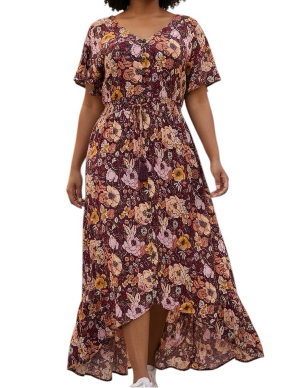 Knox Rose Burgundy Floral High-Low Maxi with Smocked Waist Tassels Size XXL